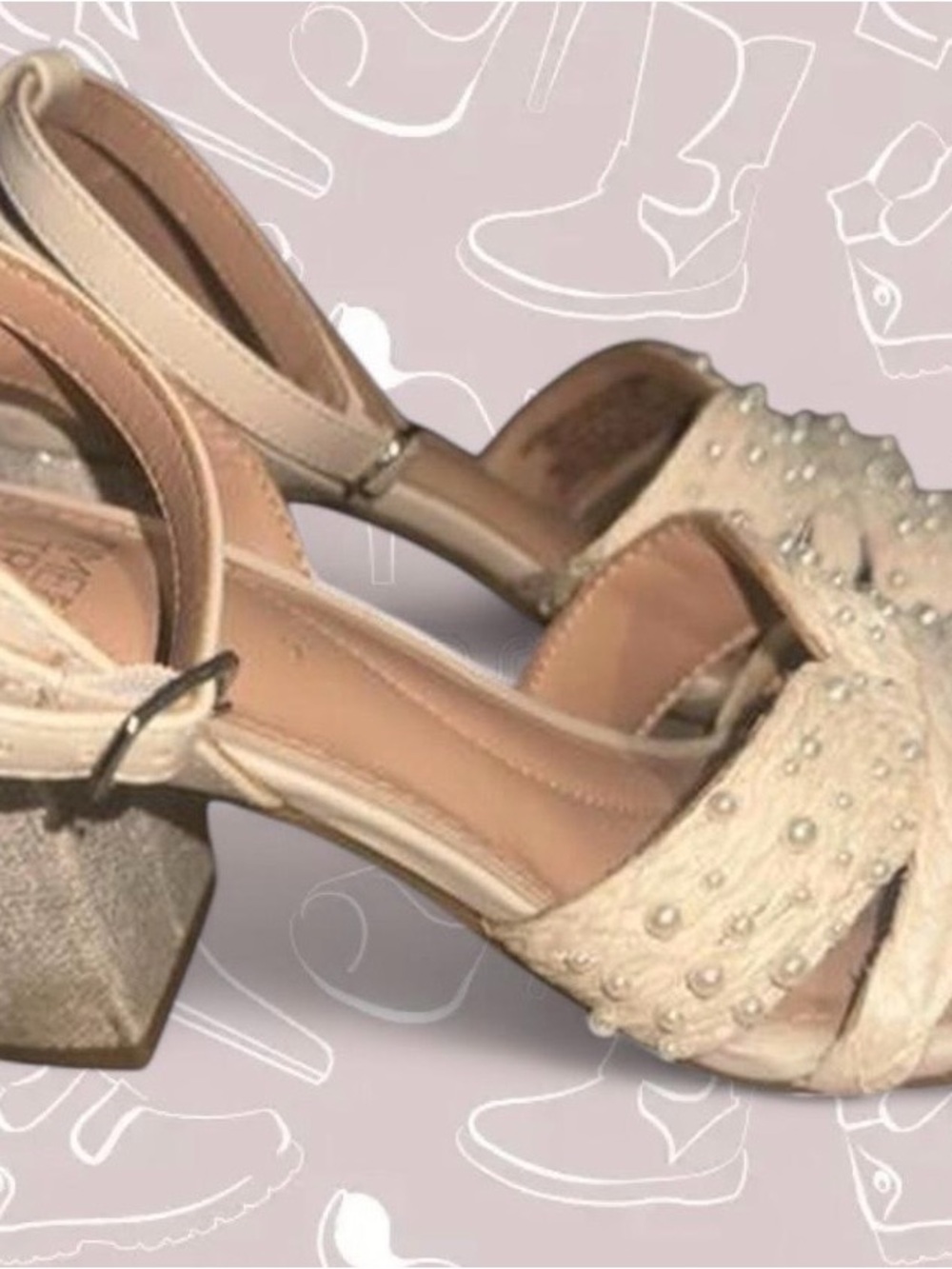 Women's Pearl Beaded Cream Block Heel Sandals